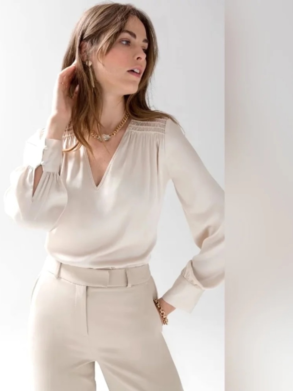 WHBM Long Sleeve V-neck Topstitch Satin Blouse, ECRU, XS